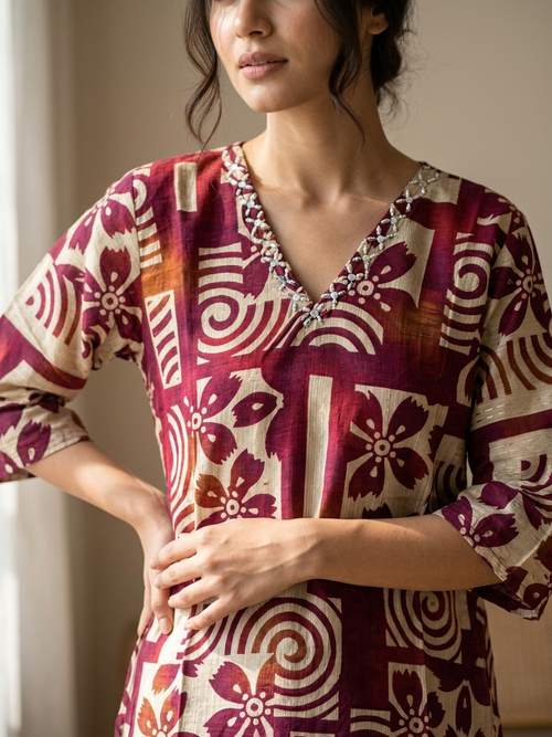 Burgundy Printed Short Kurti