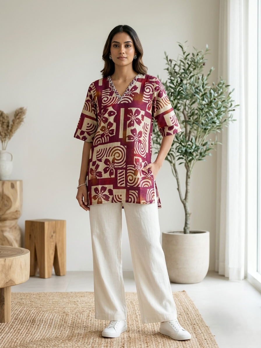 Burgundy Printed Short Kurti