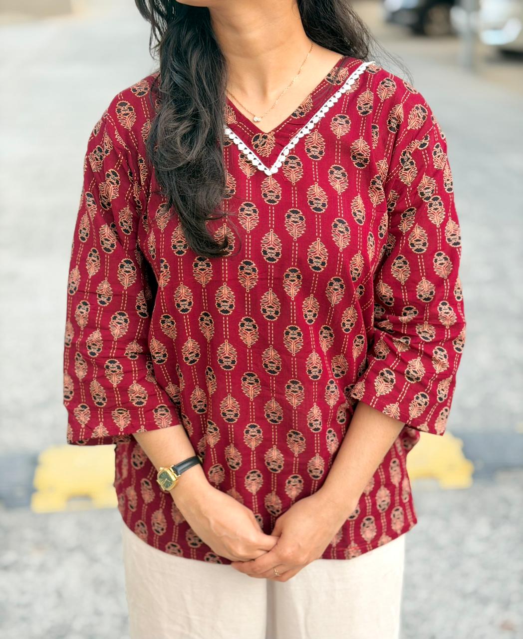 Maroon Buti Print Short Kurti